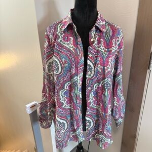 Talbots Women's Paisley Floral Pink Button Front Blouse Cotton Flowy Lightweight
